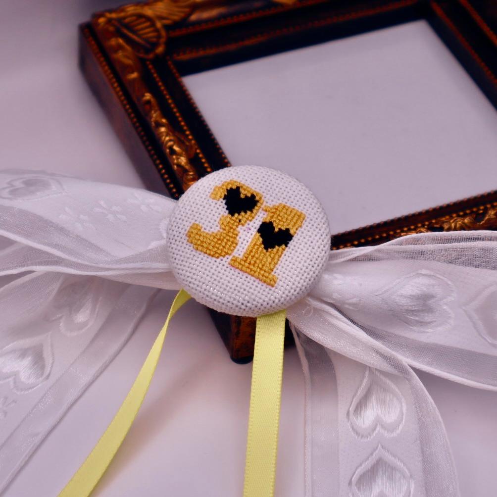 【番号オーダー可能】福岡ソフトバンクホークス風カラー　くるみボタンのヘアリボン　クロスステッチ刺繍 | 2枚目